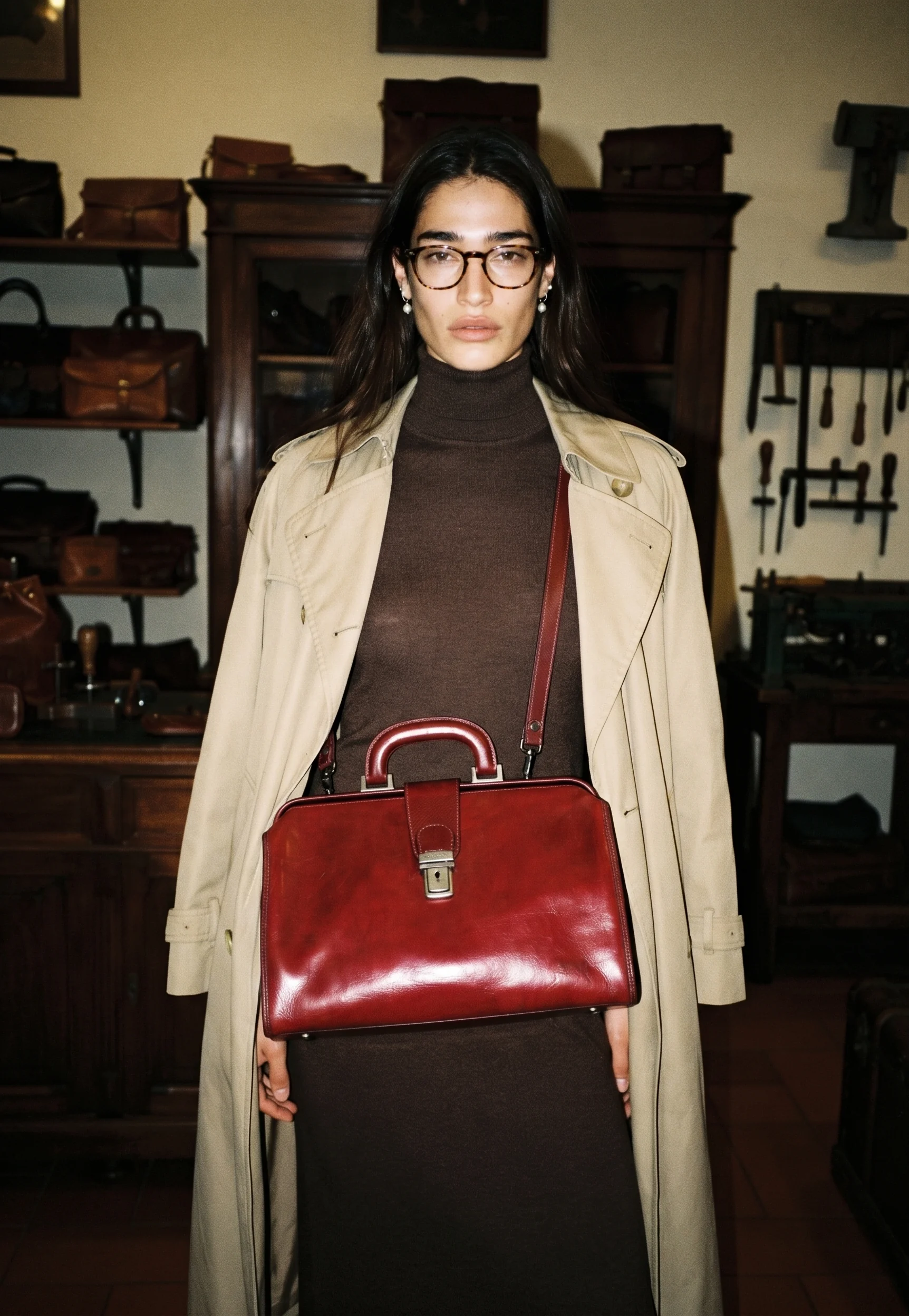 Borsa da medico in pelle rossa con tracolla, manico rigido e chiusura metallica, indossata da una modella con trench beige.